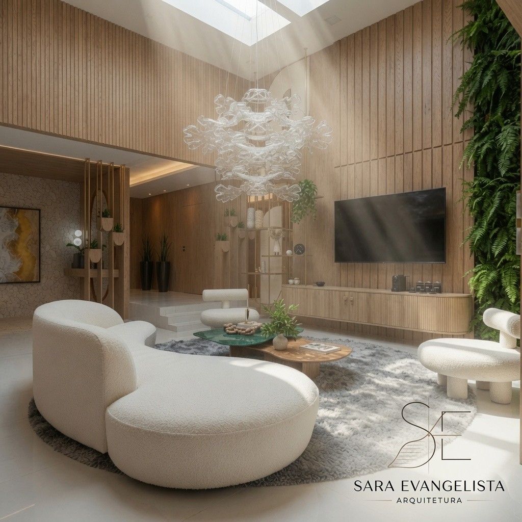 Living com pé-direito duplo e lustre escultural