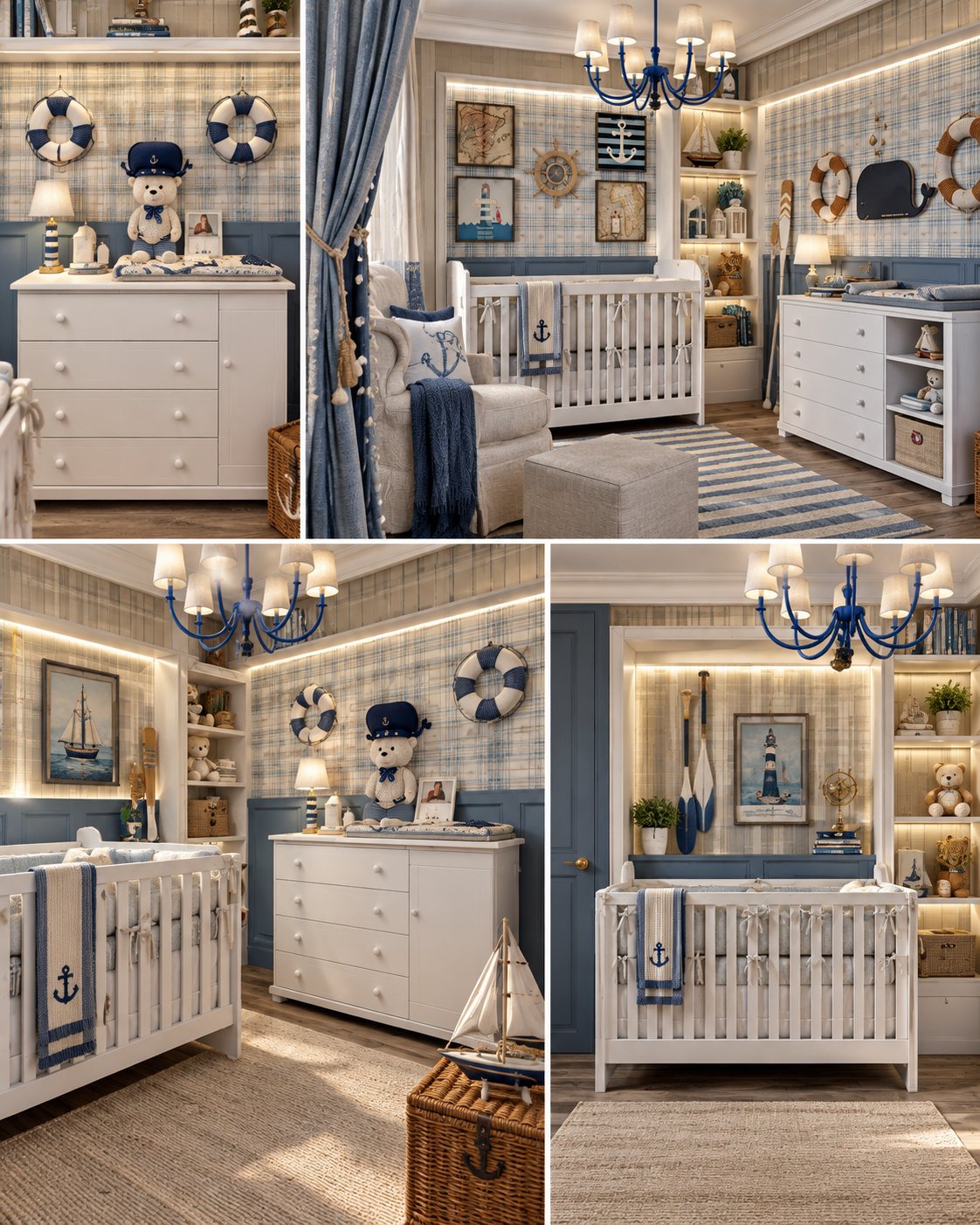 Quarto de bebê náutico com berço branco e lustre azul